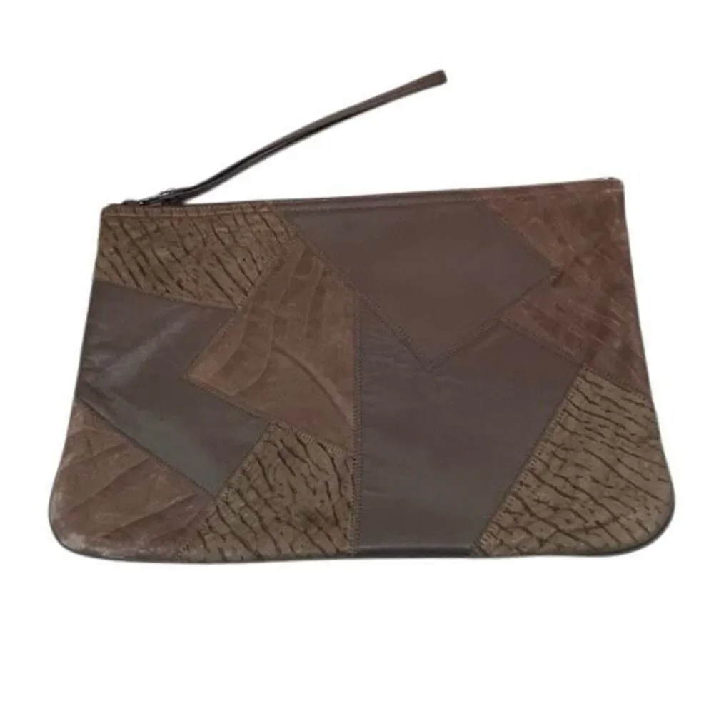 Vintage 80s 90s Clutch Wristlet Pouch Women's Brown Leather Patchwork Textured